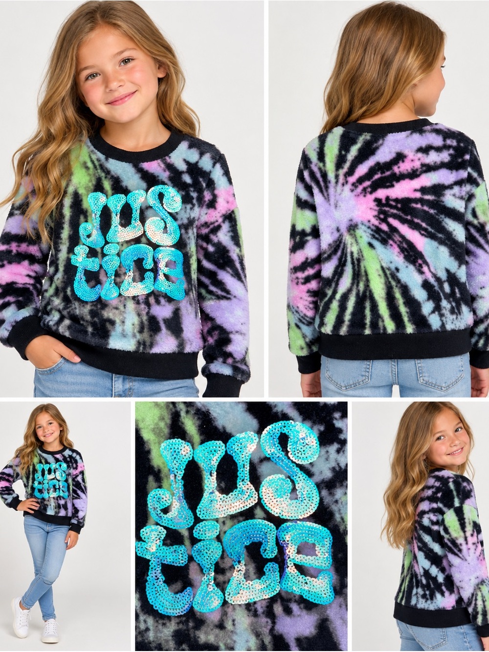 Justice Girls XS 5/6 Sequin Logo Tie-Dye Fleece Sweatshirt Y2K